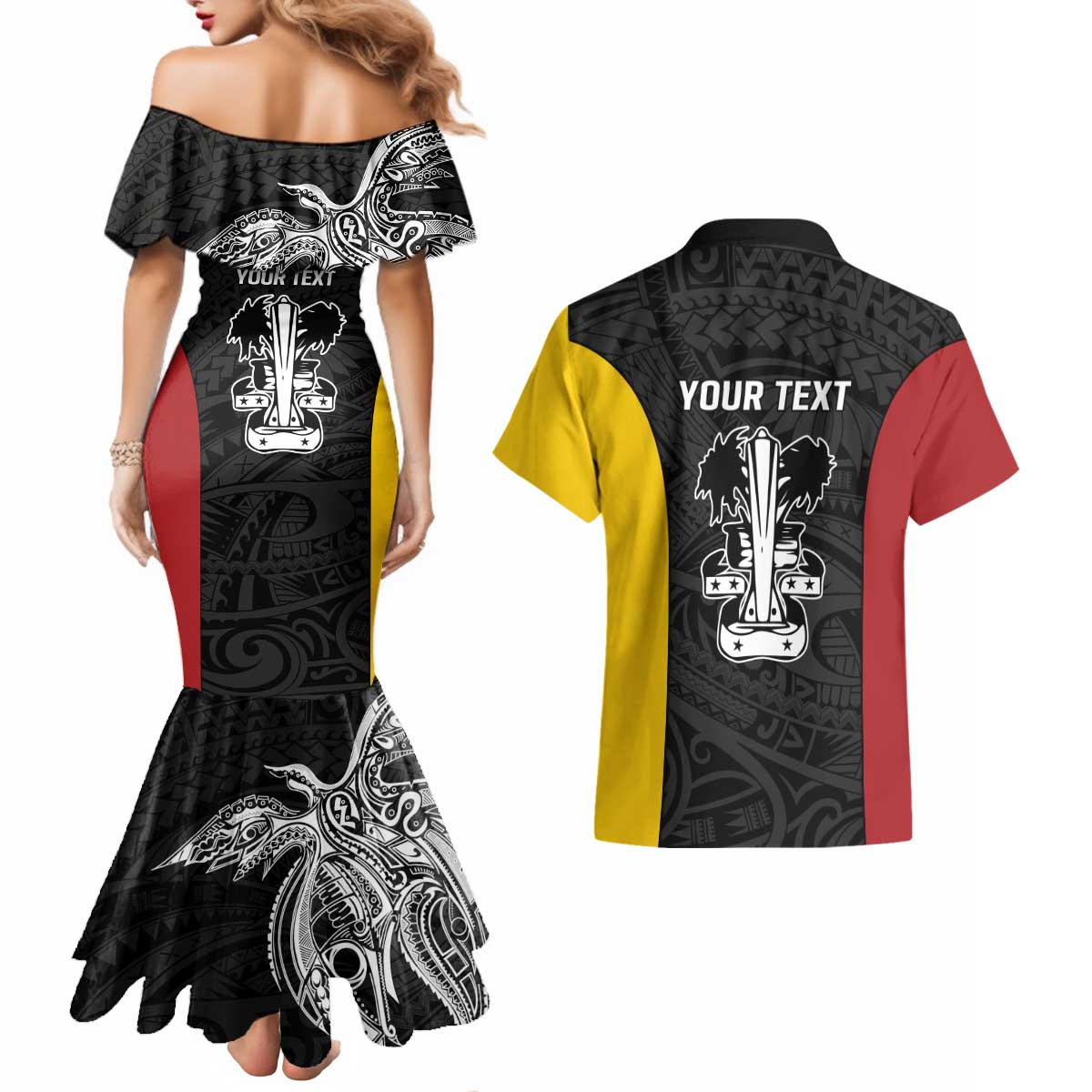 Personalised PNG Madang Province Couples Matching Mermaid Dress and Hawaiian Shirt Bird of Paradise Tattoo Flag Motif - Polynesian Pride
