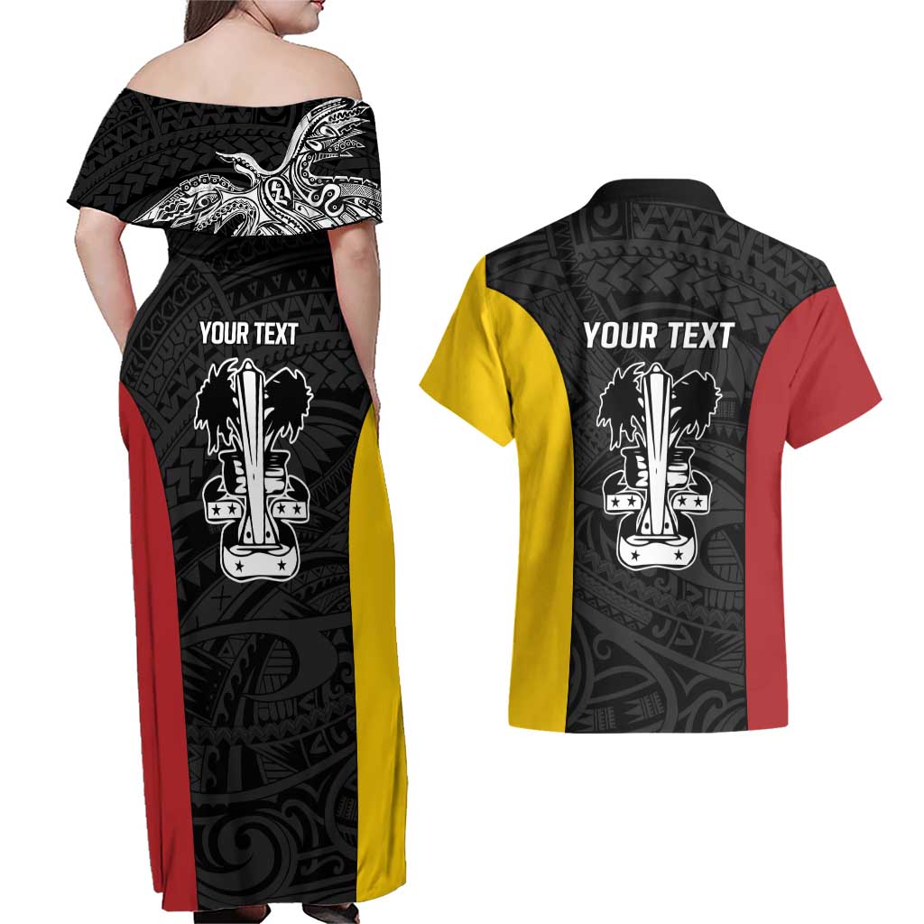 Personalised PNG Madang Province Couples Matching Off Shoulder Maxi Dress and Hawaiian Shirt Bird of Paradise Tattoo Flag Motif - Polynesian Pride
