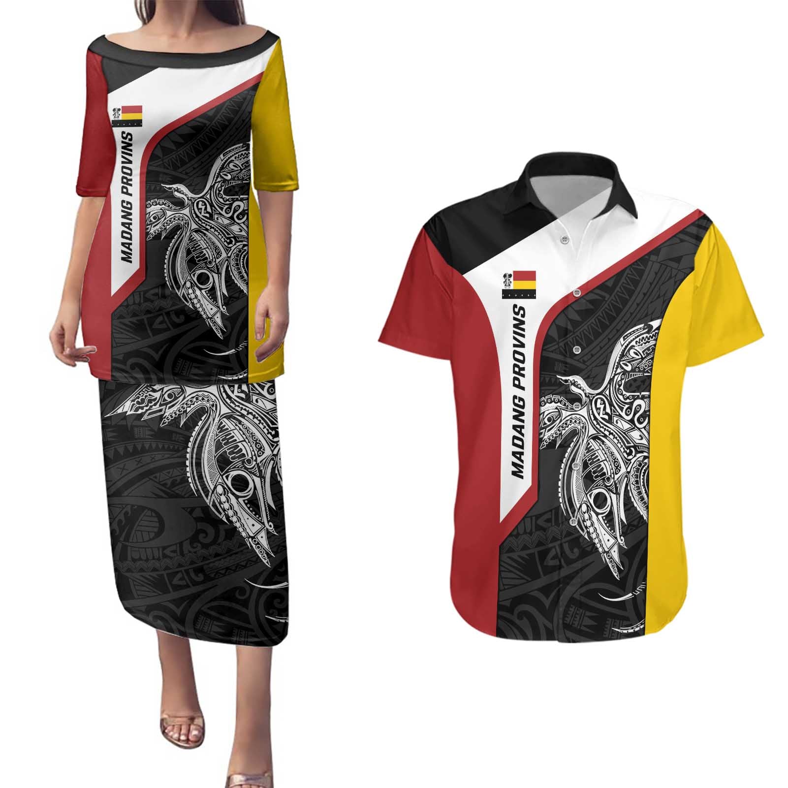 Personalised PNG Madang Province Couples Matching Puletasi and Hawaiian Shirt Bird of Paradise Tattoo Flag Motif - Polynesian Pride