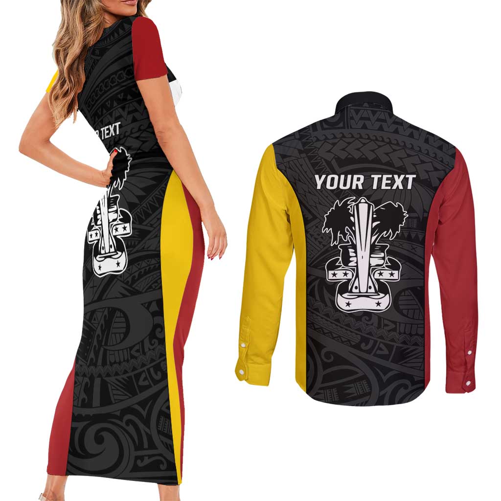Personalised PNG Madang Province Couples Matching Short Sleeve Bodycon Dress and Long Sleeve Button Shirt Bird of Paradise Tattoo Flag Motif - Polynesian Pride