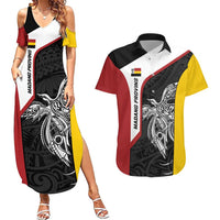 Personalised PNG Madang Province Couples Matching Summer Maxi Dress and Hawaiian Shirt Bird of Paradise Tattoo Flag Motif - Polynesian Pride
