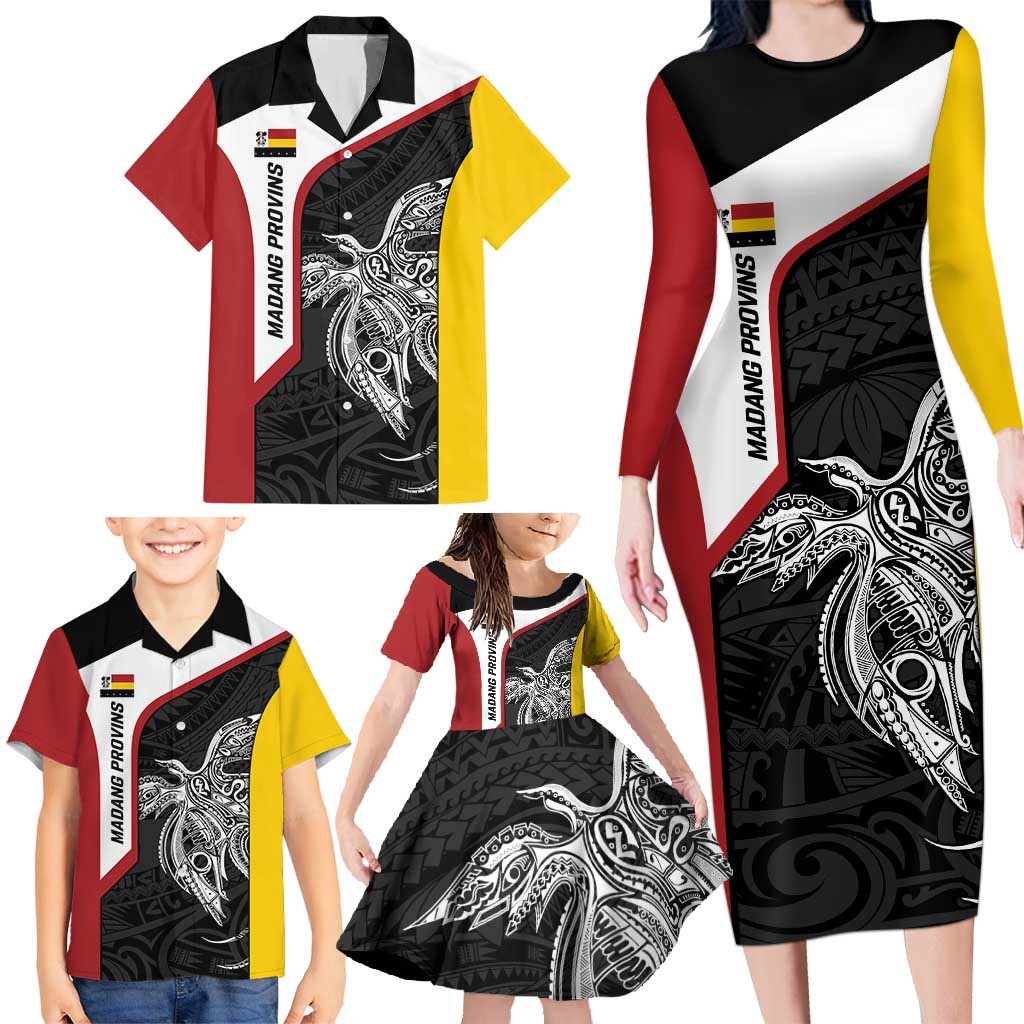 Personalised PNG Madang Province Family Matching Long Sleeve Bodycon Dress and Hawaiian Shirt Bird of Paradise Tattoo Flag Motif - Polynesian Pride