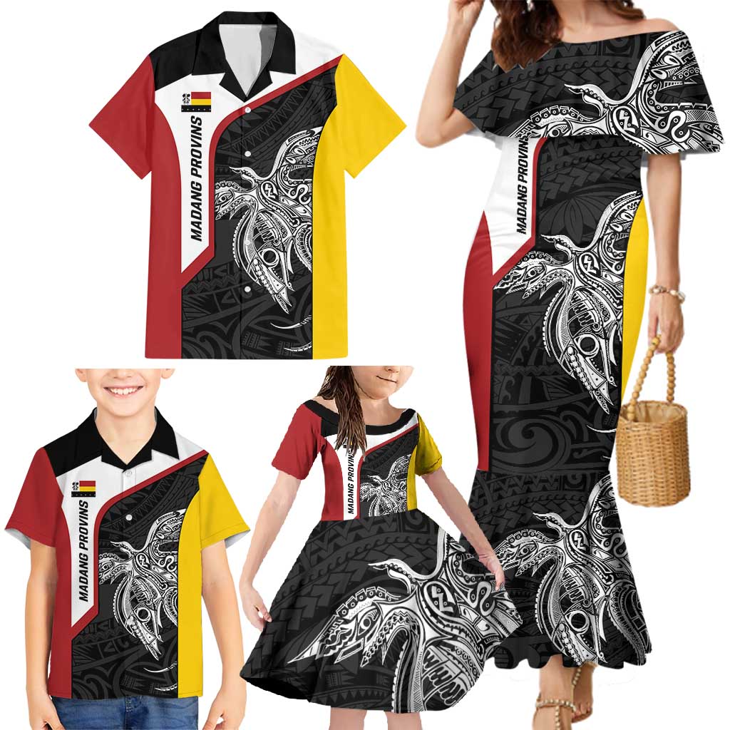 Personalised PNG Madang Province Family Matching Mermaid Dress and Hawaiian Shirt Bird of Paradise Tattoo Flag Motif - Polynesian Pride