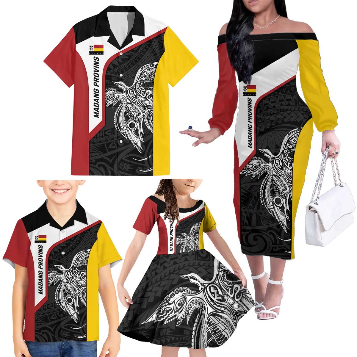 Personalised PNG Madang Province Family Matching Off The Shoulder Long Sleeve Dress and Hawaiian Shirt Bird of Paradise Tattoo Flag Motif - Polynesian Pride
