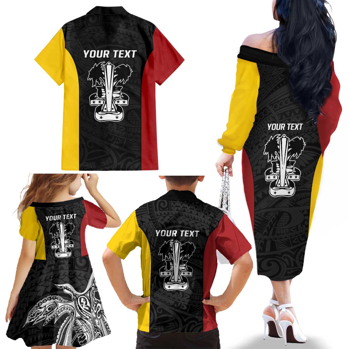 Personalised PNG Madang Province Family Matching Off The Shoulder Long Sleeve Dress and Hawaiian Shirt Bird of Paradise Tattoo Flag Motif - Polynesian Pride