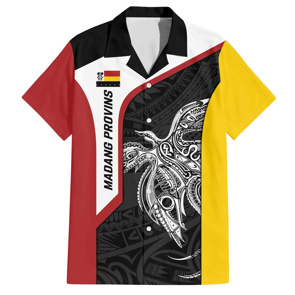 Personalised PNG Madang Province Family Matching Off The Shoulder Long Sleeve Dress and Hawaiian Shirt Bird of Paradise Tattoo Flag Motif - Polynesian Pride