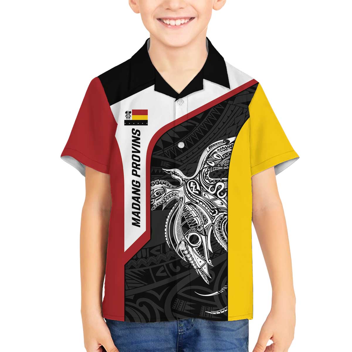 Personalised PNG Madang Province Family Matching Off The Shoulder Long Sleeve Dress and Hawaiian Shirt Bird of Paradise Tattoo Flag Motif - Polynesian Pride