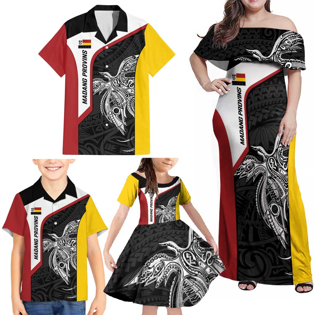 Personalised PNG Madang Province Family Matching Off Shoulder Maxi Dress and Hawaiian Shirt Bird of Paradise Tattoo Flag Motif - Polynesian Pride