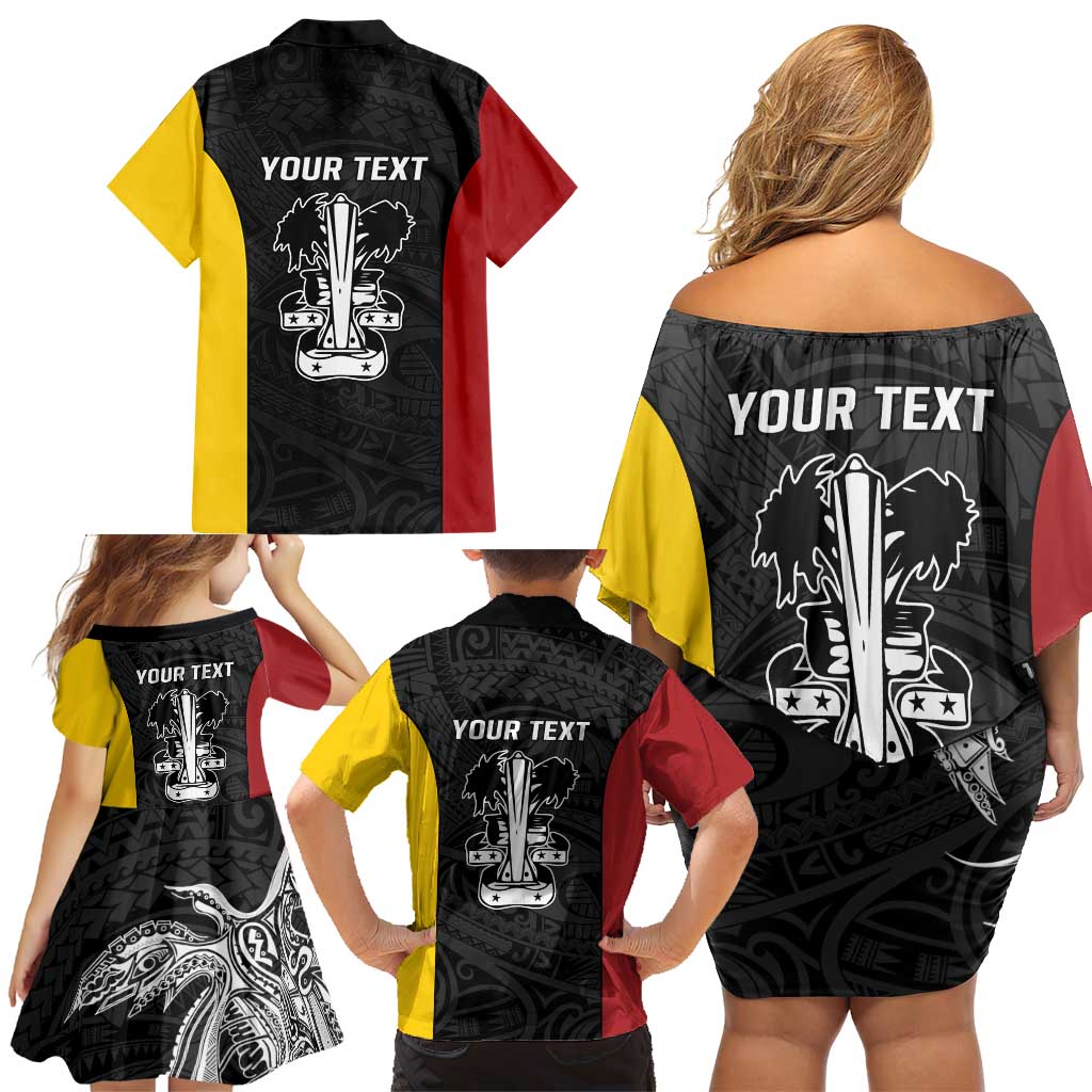 Personalised PNG Madang Province Family Matching Off Shoulder Short Dress and Hawaiian Shirt Bird of Paradise Tattoo Flag Motif - Polynesian Pride