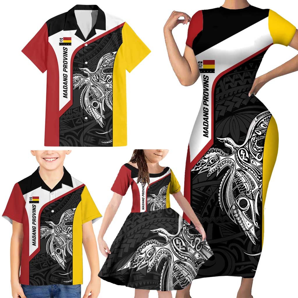 Personalised PNG Madang Province Family Matching Short Sleeve Bodycon Dress and Hawaiian Shirt Bird of Paradise Tattoo Flag Motif - Polynesian Pride
