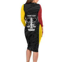Personalised PNG Madang Province Long Sleeve Bodycon Dress Bird of Paradise Tattoo Flag Motif - Polynesian Pride