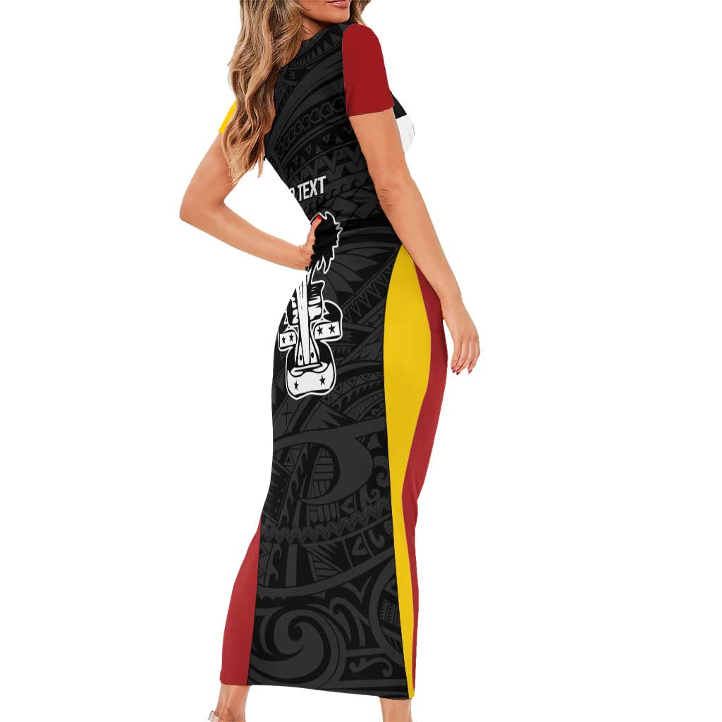 Personalised PNG Madang Province Short Sleeve Bodycon Dress Bird of Paradise Tattoo Flag Motif - Polynesian Pride