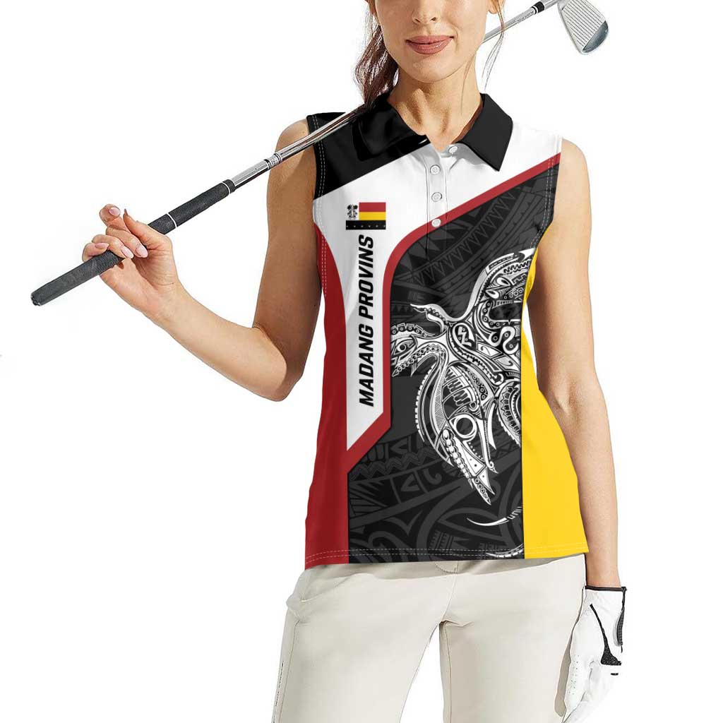 Personalised PNG Madang Province Women Sleeveless Polo Shirt Bird of Paradise Tattoo Flag Motif - Polynesian Pride