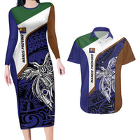 Personalised PNG Manus Province Couples Matching Long Sleeve Bodycon Dress and Hawaiian Shirt Bird of Paradise Tattoo Flag Motif - Polynesian Pride