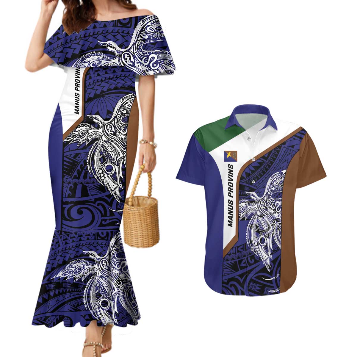 Personalised PNG Manus Province Couples Matching Mermaid Dress and Hawaiian Shirt Bird of Paradise Tattoo Flag Motif - Polynesian Pride