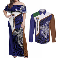 Personalised PNG Manus Province Couples Matching Off Shoulder Maxi Dress and Long Sleeve Button Shirt Bird of Paradise Tattoo Flag Motif - Polynesian Pride