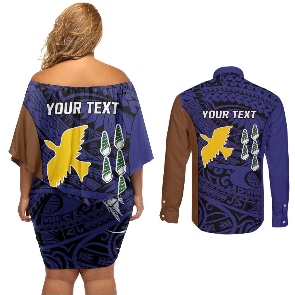 Personalised PNG Manus Province Couples Matching Off Shoulder Short Dress and Long Sleeve Button Shirt Bird of Paradise Tattoo Flag Motif - Polynesian Pride