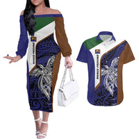 Personalised PNG Manus Province Couples Matching Off The Shoulder Long Sleeve Dress and Hawaiian Shirt Bird of Paradise Tattoo Flag Motif - Polynesian Pride