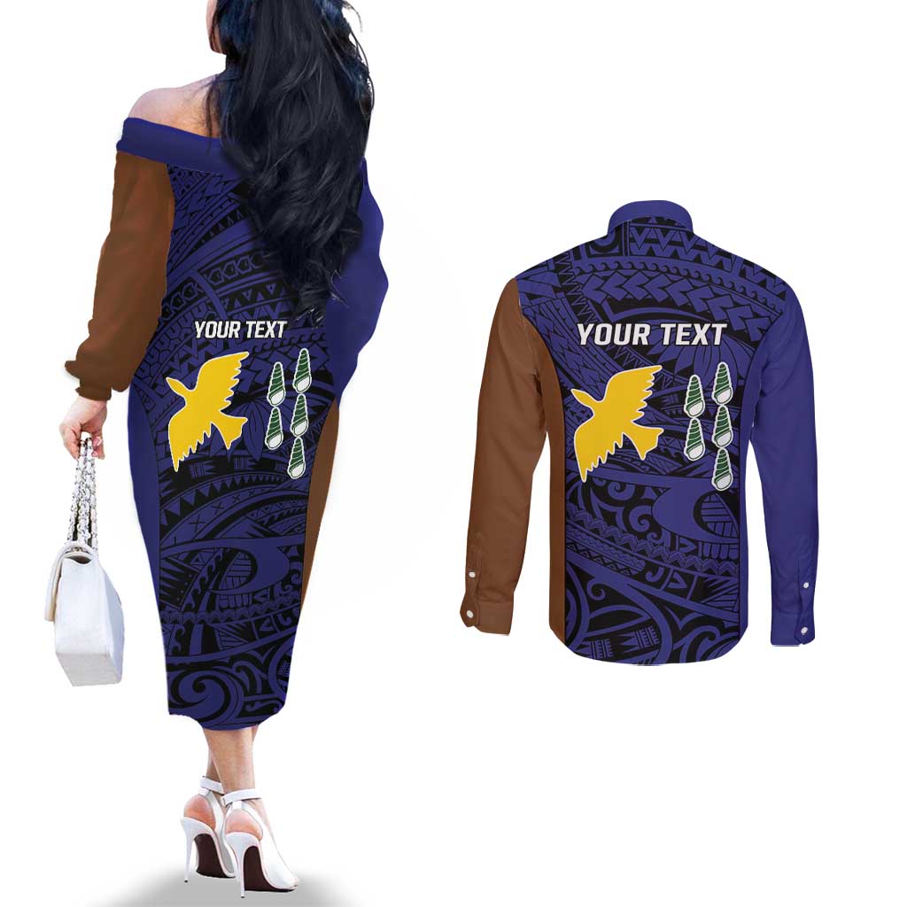 Personalised PNG Manus Province Couples Matching Off The Shoulder Long Sleeve Dress and Long Sleeve Button Shirt Bird of Paradise Tattoo Flag Motif - Polynesian Pride