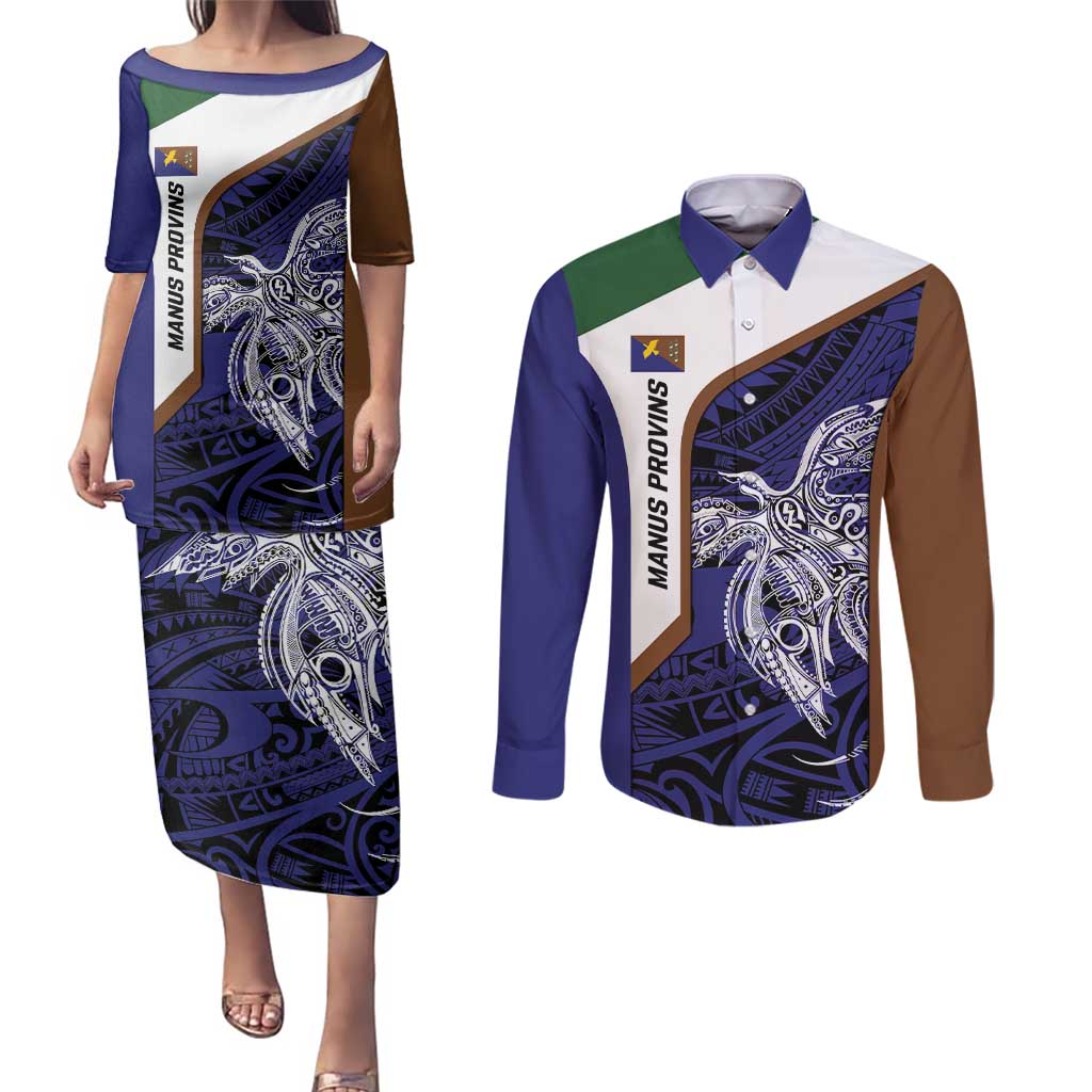 Personalised PNG Manus Province Couples Matching Puletasi and Long Sleeve Button Shirt Bird of Paradise Tattoo Flag Motif - Polynesian Pride