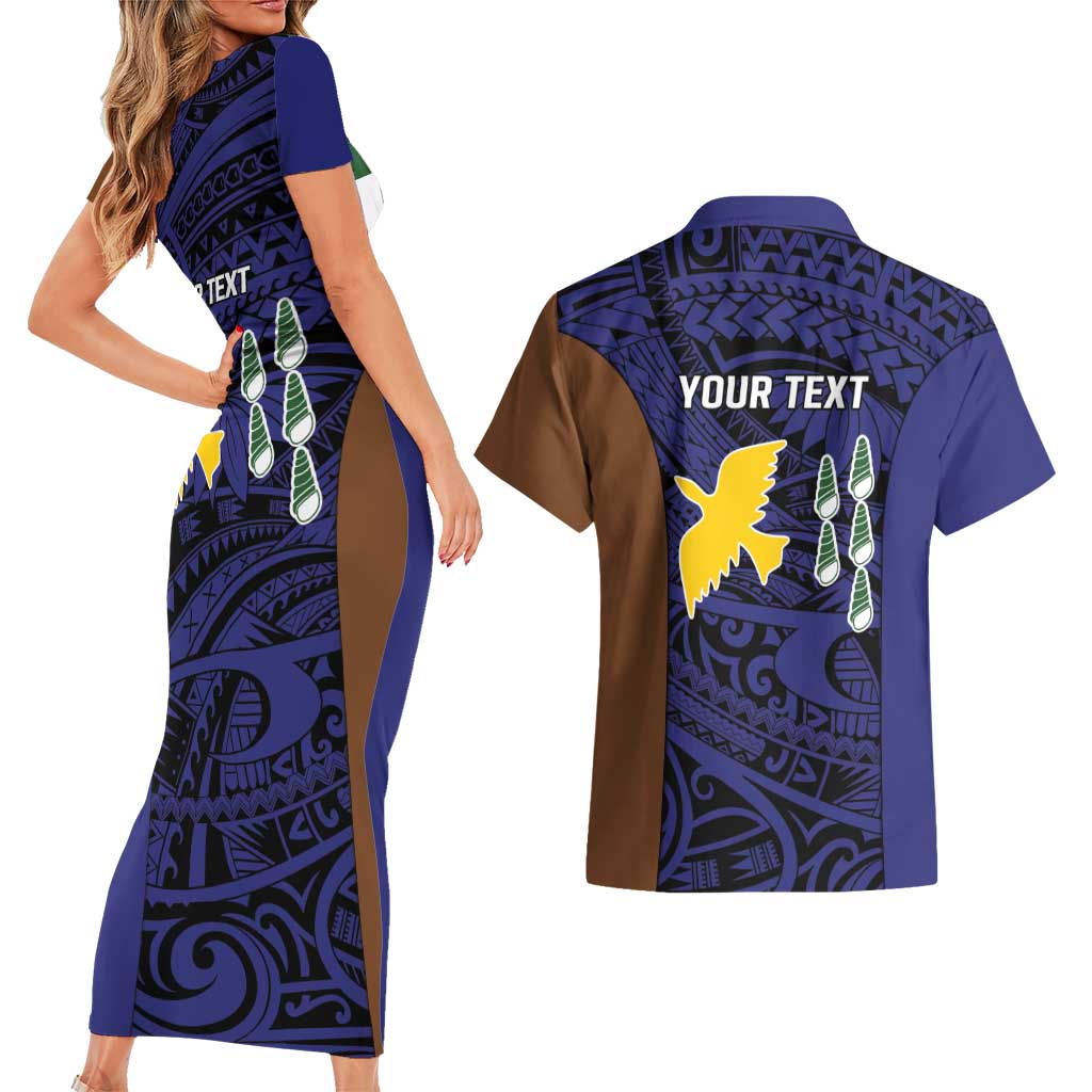 Personalised PNG Manus Province Couples Matching Short Sleeve Bodycon Dress and Hawaiian Shirt Bird of Paradise Tattoo Flag Motif - Polynesian Pride