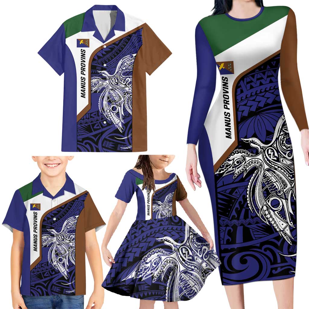 Personalised PNG Manus Province Family Matching Long Sleeve Bodycon Dress and Hawaiian Shirt Bird of Paradise Tattoo Flag Motif - Polynesian Pride