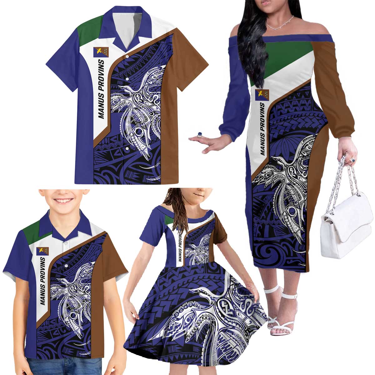 Personalised PNG Manus Province Family Matching Off The Shoulder Long Sleeve Dress and Hawaiian Shirt Bird of Paradise Tattoo Flag Motif - Polynesian Pride