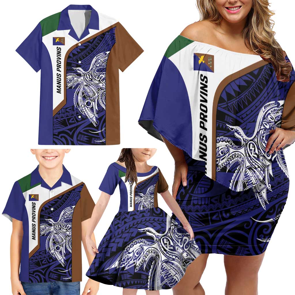 Personalised PNG Manus Province Family Matching Off Shoulder Short Dress and Hawaiian Shirt Bird of Paradise Tattoo Flag Motif - Polynesian Pride