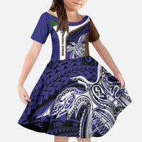 Personalised PNG Manus Province Kid Short Sleeve Dress Bird of Paradise Tattoo Flag Motif - Polynesian Pride