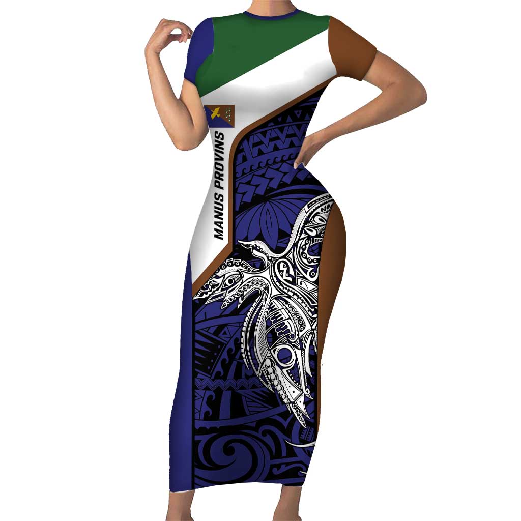 Personalised PNG Manus Province Short Sleeve Bodycon Dress Bird of Paradise Tattoo Flag Motif - Polynesian Pride