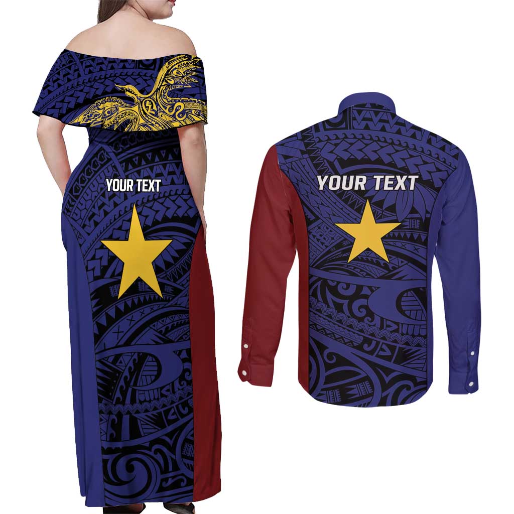 Personalised PNG Milne Bay Province Couples Matching Off Shoulder Maxi Dress and Long Sleeve Button Shirt Bird of Paradise Tattoo Flag Motif - Polynesian Pride
