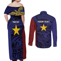 Personalised PNG Milne Bay Province Couples Matching Off Shoulder Maxi Dress and Long Sleeve Button Shirt Bird of Paradise Tattoo Flag Motif - Polynesian Pride
