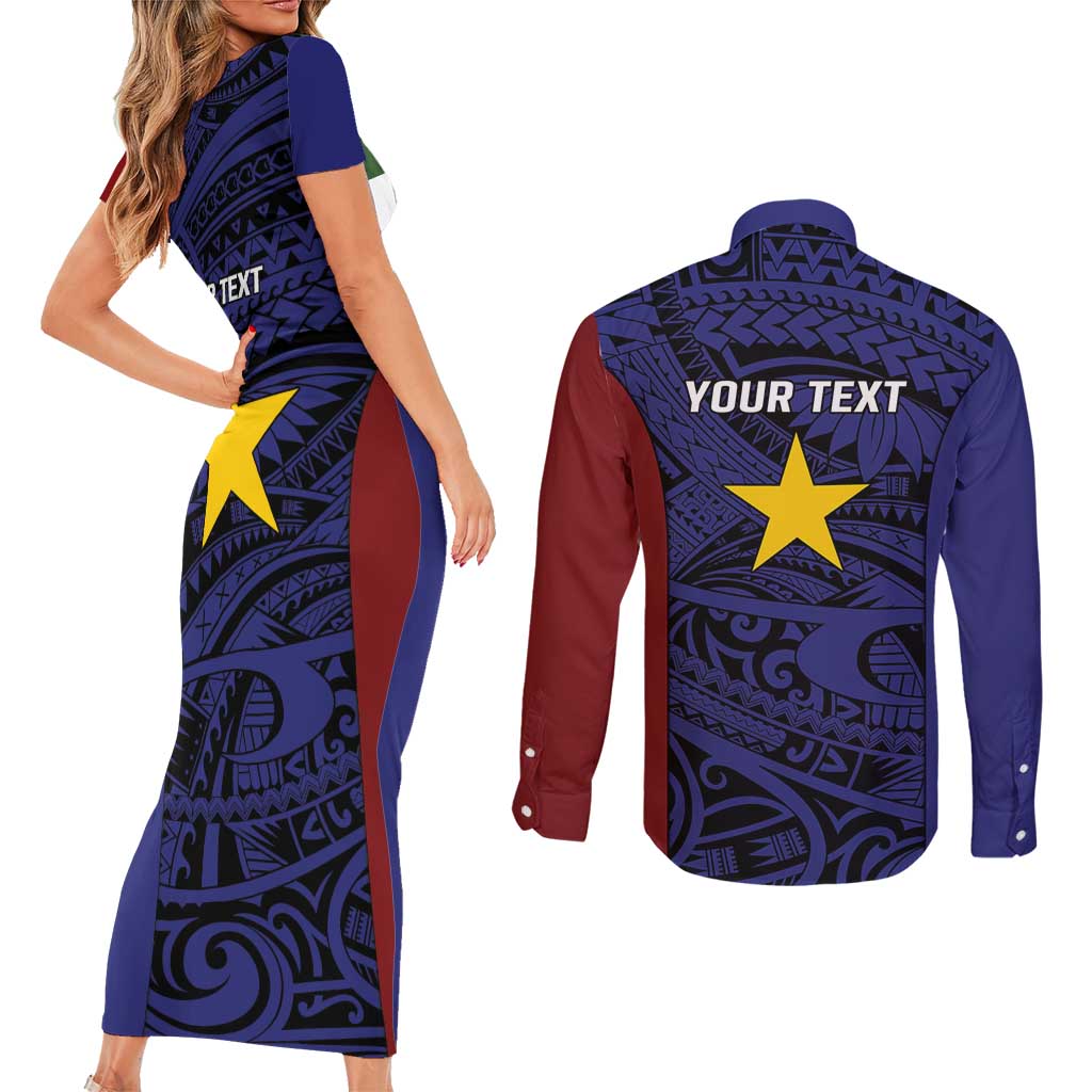 Personalised PNG Milne Bay Province Couples Matching Short Sleeve Bodycon Dress and Long Sleeve Button Shirt Bird of Paradise Tattoo Flag Motif - Polynesian Pride