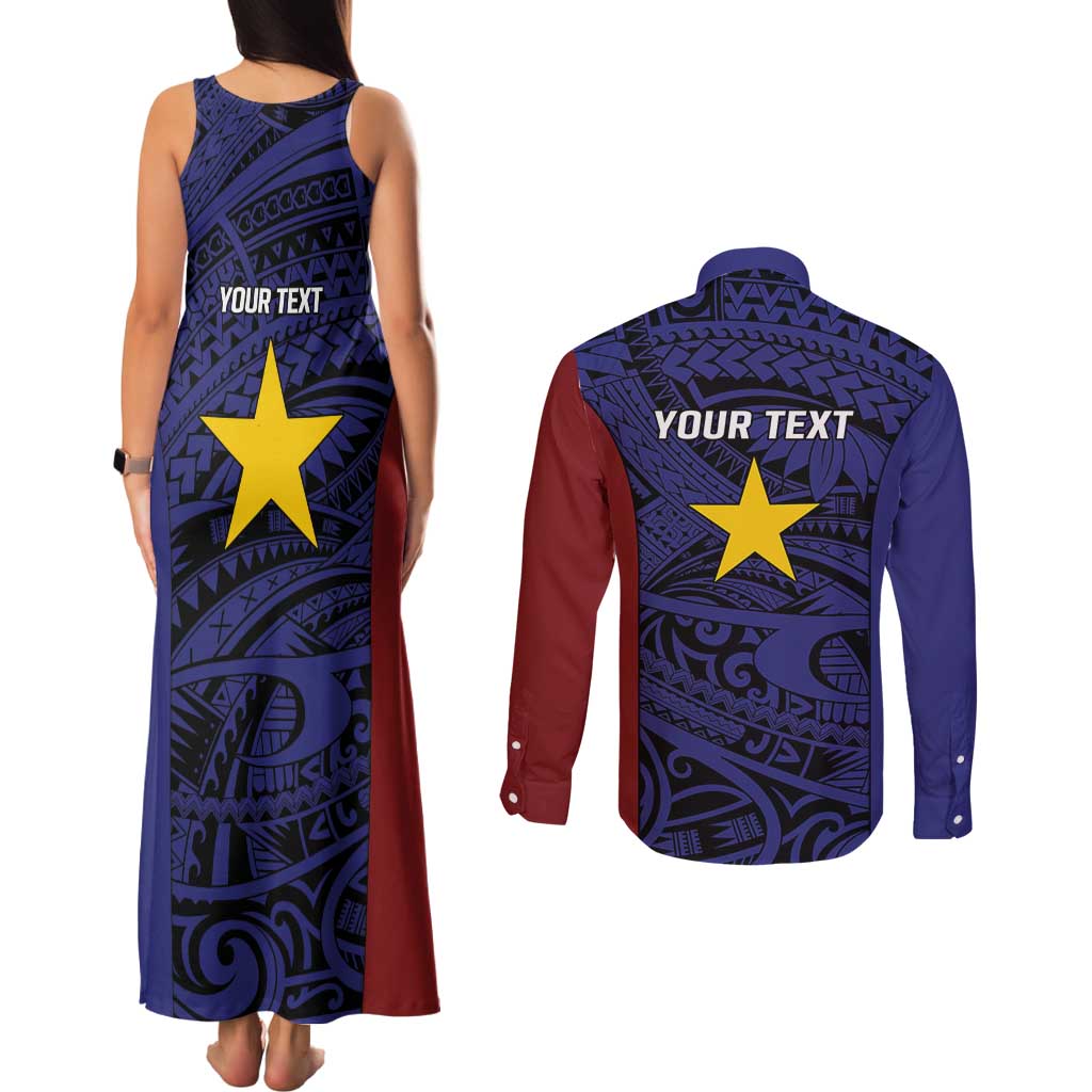 Personalised PNG Milne Bay Province Couples Matching Tank Maxi Dress and Long Sleeve Button Shirt Bird of Paradise Tattoo Flag Motif - Polynesian Pride