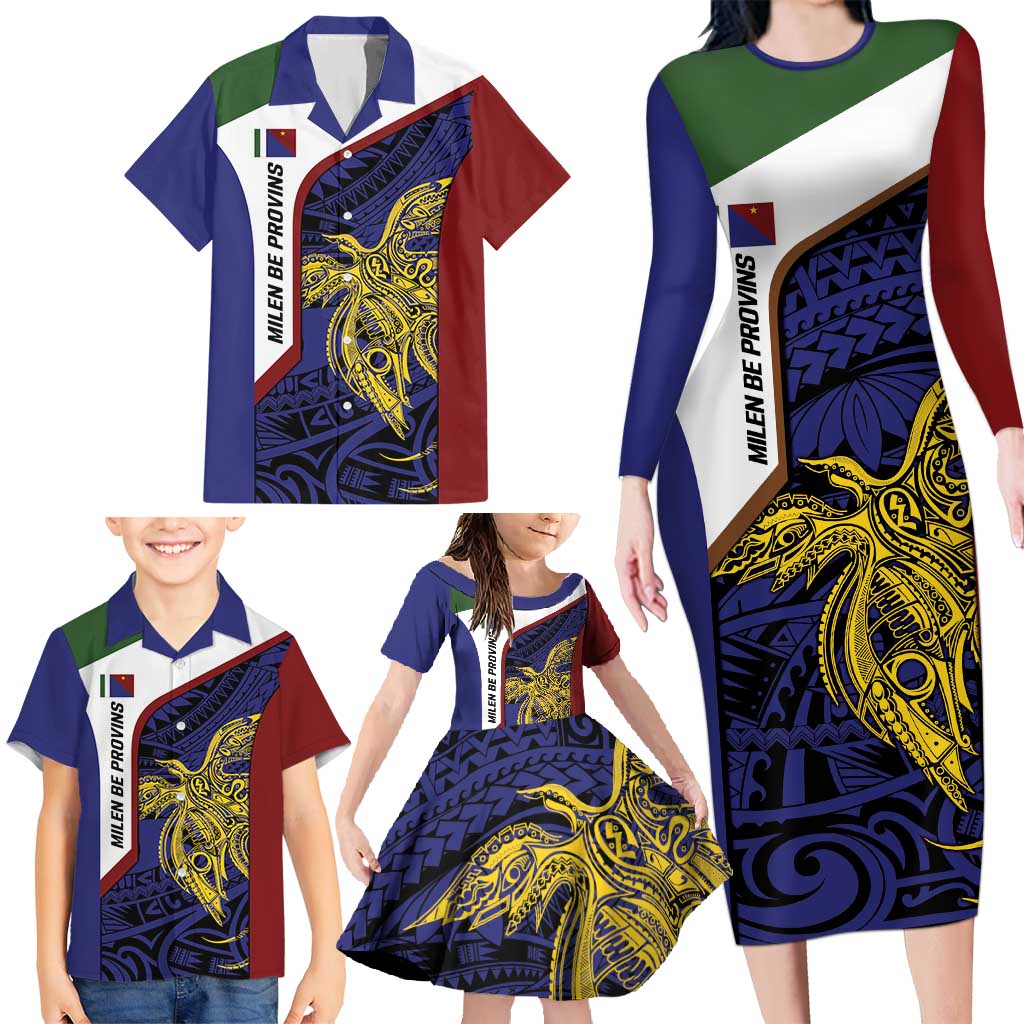 Personalised PNG Milne Bay Province Family Matching Long Sleeve Bodycon Dress and Hawaiian Shirt Bird of Paradise Tattoo Flag Motif - Polynesian Pride