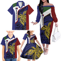 Personalised PNG Milne Bay Province Family Matching Off The Shoulder Long Sleeve Dress and Hawaiian Shirt Bird of Paradise Tattoo Flag Motif - Polynesian Pride
