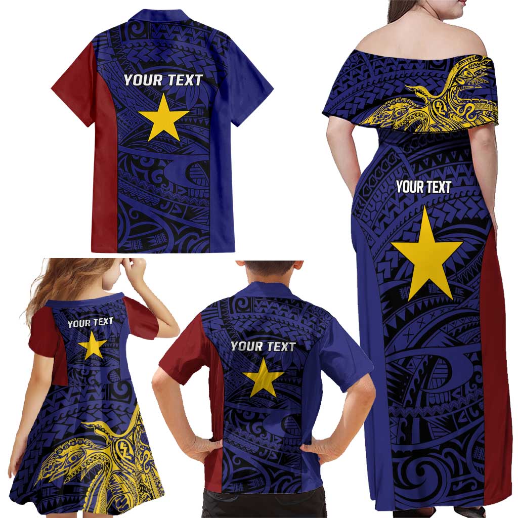 Personalised PNG Milne Bay Province Family Matching Off Shoulder Maxi Dress and Hawaiian Shirt Bird of Paradise Tattoo Flag Motif - Polynesian Pride