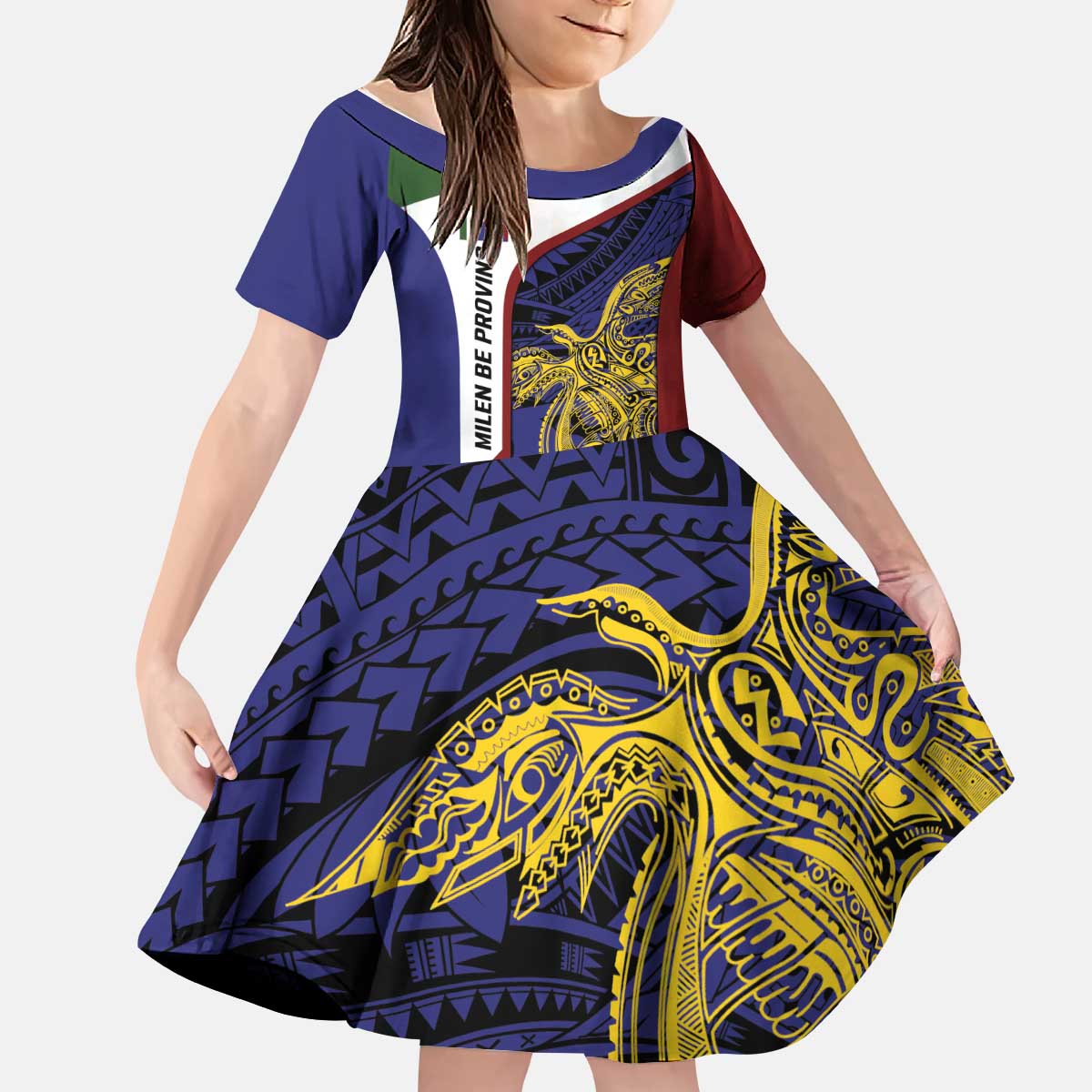Personalised PNG Milne Bay Province Kid Short Sleeve Dress Bird of Paradise Tattoo Flag Motif - Polynesian Pride