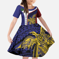 Personalised PNG Milne Bay Province Kid Short Sleeve Dress Bird of Paradise Tattoo Flag Motif - Polynesian Pride