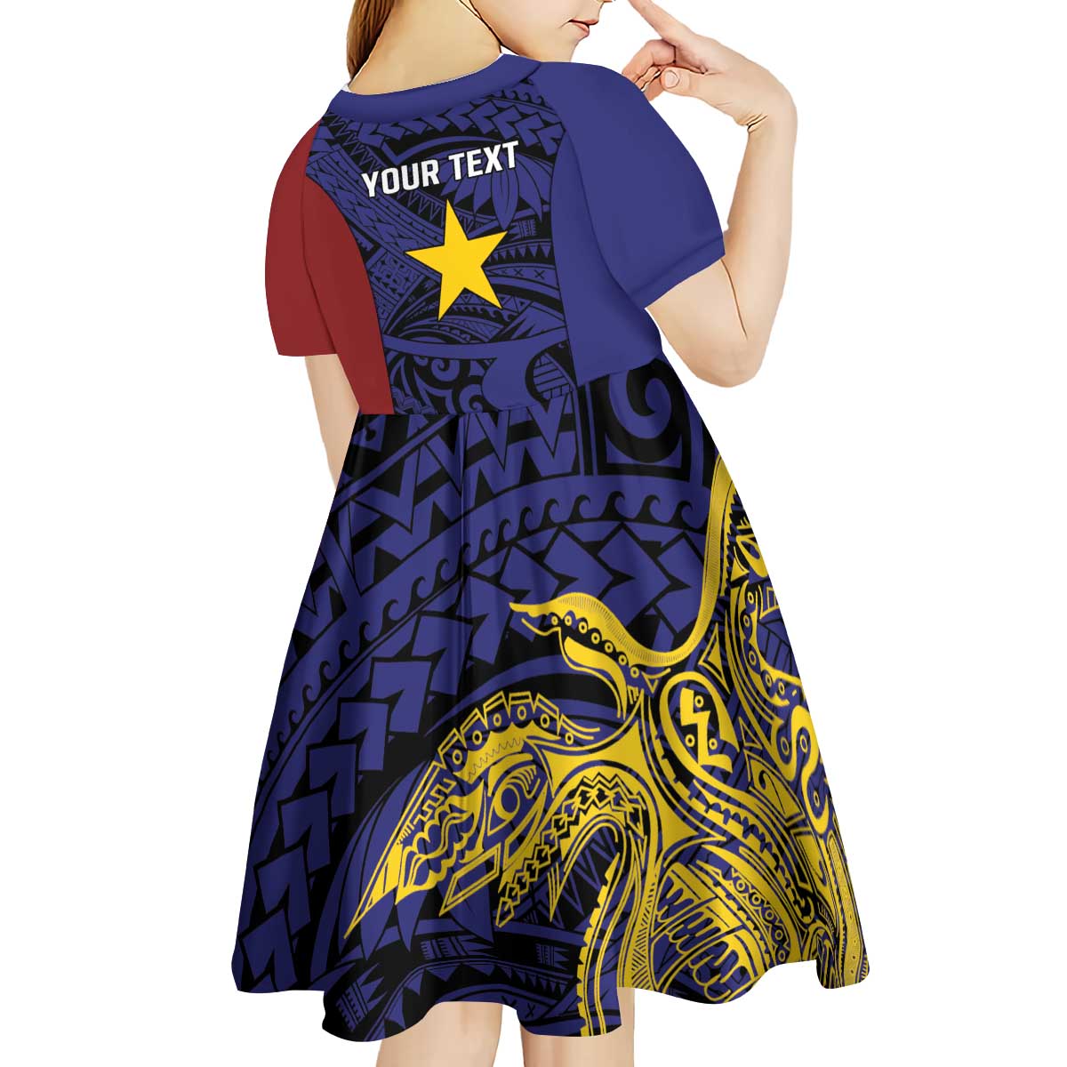 Personalised PNG Milne Bay Province Kid Short Sleeve Dress Bird of Paradise Tattoo Flag Motif - Polynesian Pride
