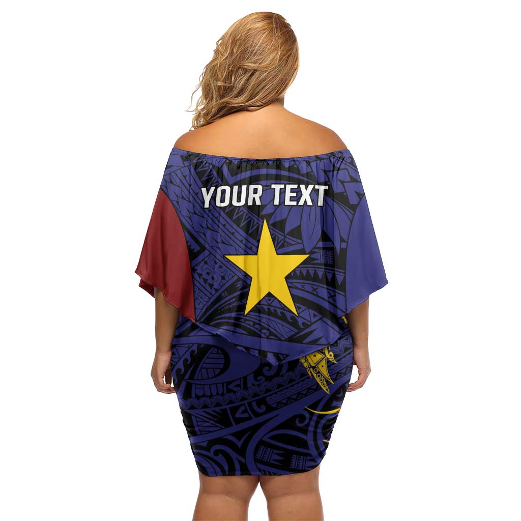 Personalised PNG Milne Bay Province Off Shoulder Short Dress Bird of Paradise Tattoo Flag Motif - Polynesian Pride