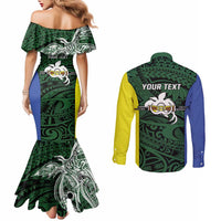 Personalised PNG Morobe Province Couples Matching Mermaid Dress and Long Sleeve Button Shirt Bird of Paradise Tattoo Flag Motif LT9 - Polynesian Pride