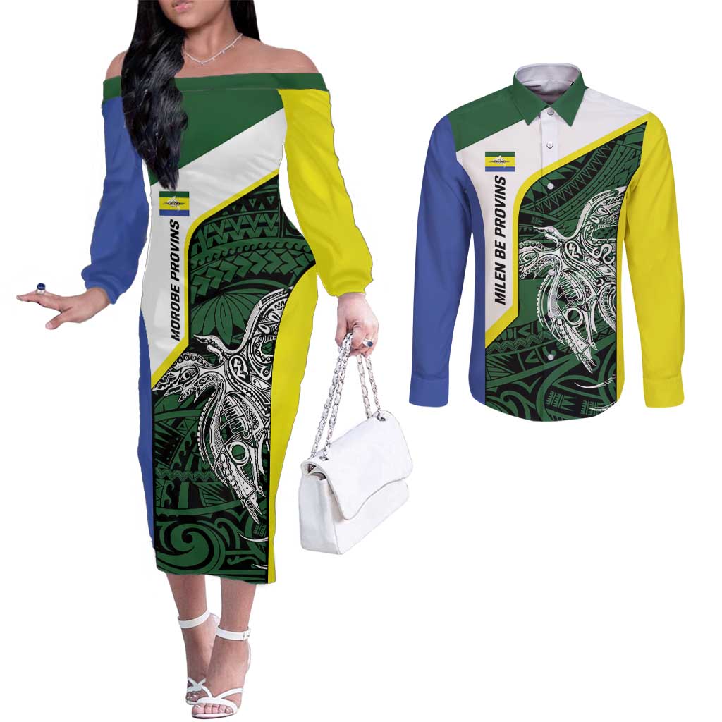 Personalised PNG Morobe Province Couples Matching Off The Shoulder Long Sleeve Dress and Long Sleeve Button Shirt Bird of Paradise Tattoo Flag Motif - Polynesian Pride