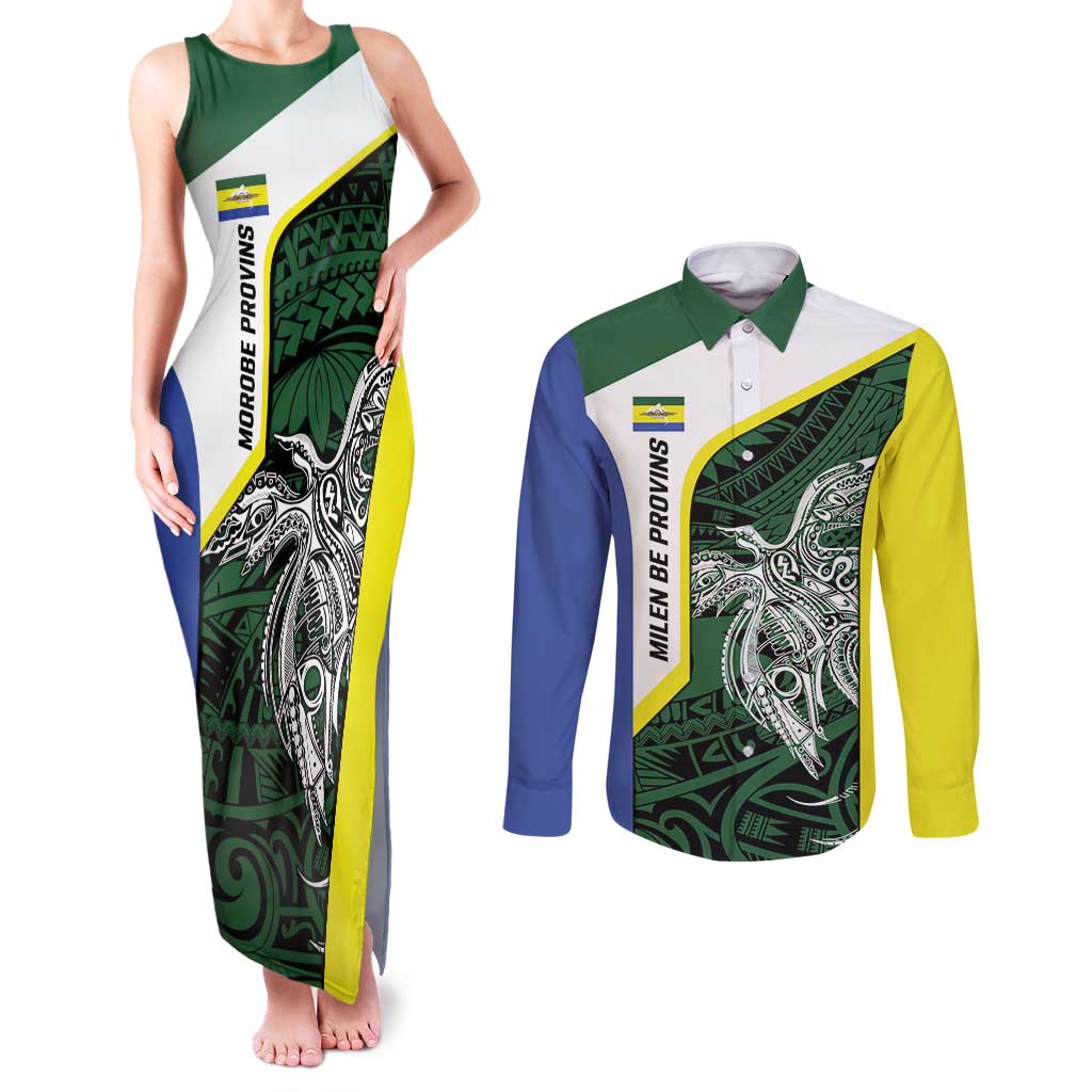 Personalised PNG Morobe Province Couples Matching Tank Maxi Dress and Long Sleeve Button Shirt Bird of Paradise Tattoo Flag Motif - Polynesian Pride