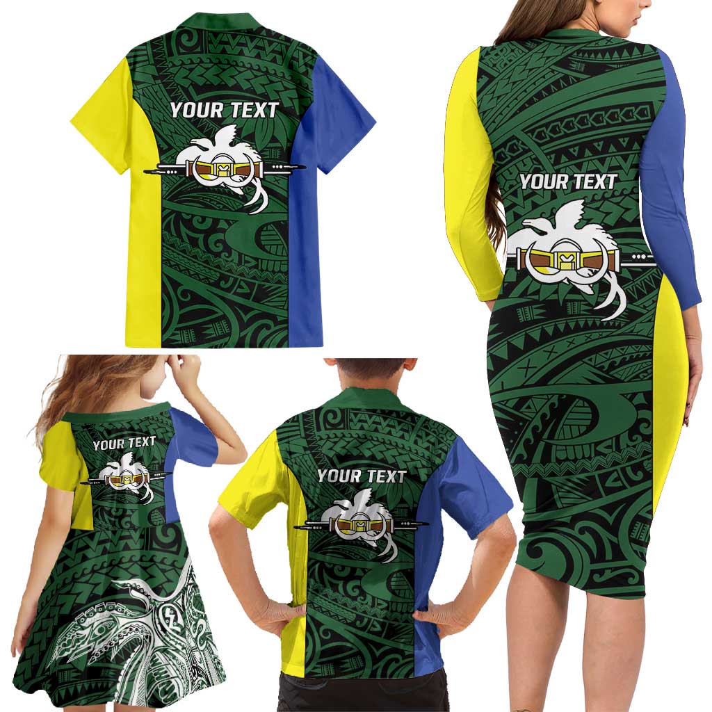 Personalised PNG Morobe Province Family Matching Long Sleeve Bodycon Dress and Hawaiian Shirt Bird of Paradise Tattoo Flag Motif - Polynesian Pride