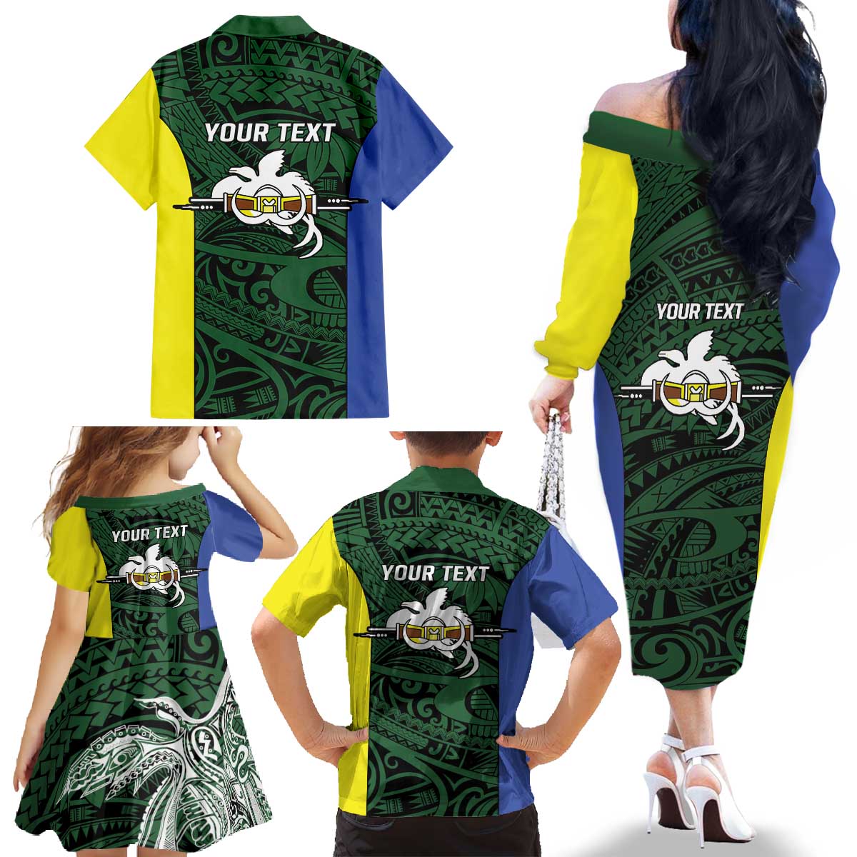 Personalised PNG Morobe Province Family Matching Off The Shoulder Long Sleeve Dress and Hawaiian Shirt Bird of Paradise Tattoo Flag Motif - Polynesian Pride