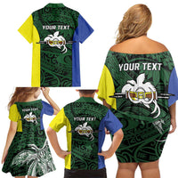 Personalised PNG Morobe Province Family Matching Off Shoulder Short Dress and Hawaiian Shirt Bird of Paradise Tattoo Flag Motif - Polynesian Pride