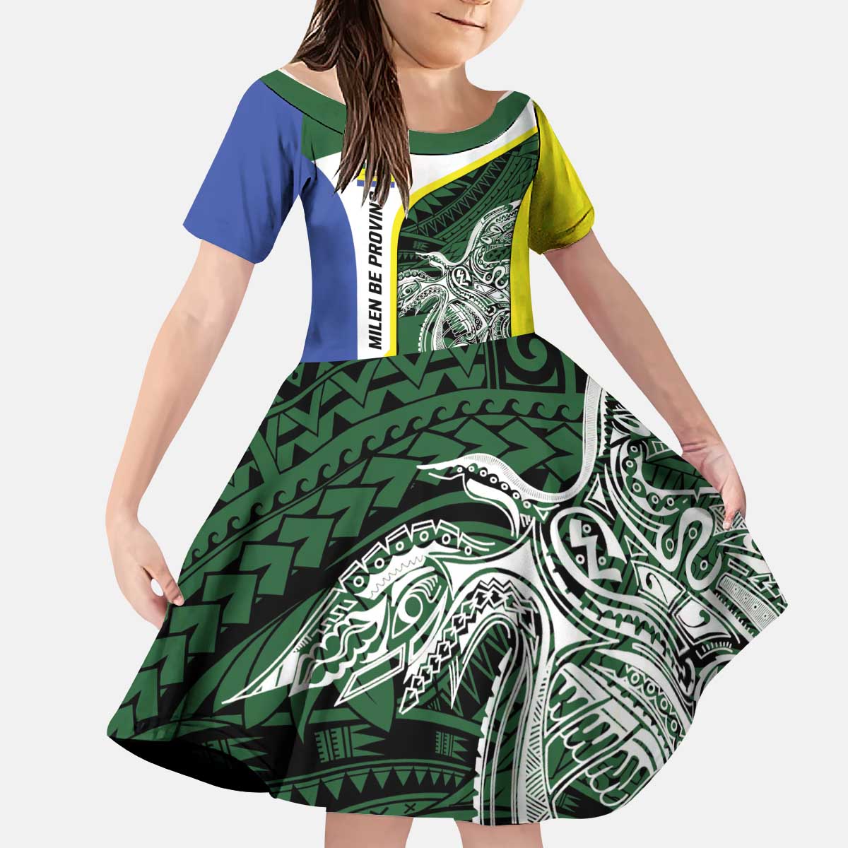 Personalised PNG Morobe Province Kid Short Sleeve Dress Bird of Paradise Tattoo Flag Motif - Polynesian Pride