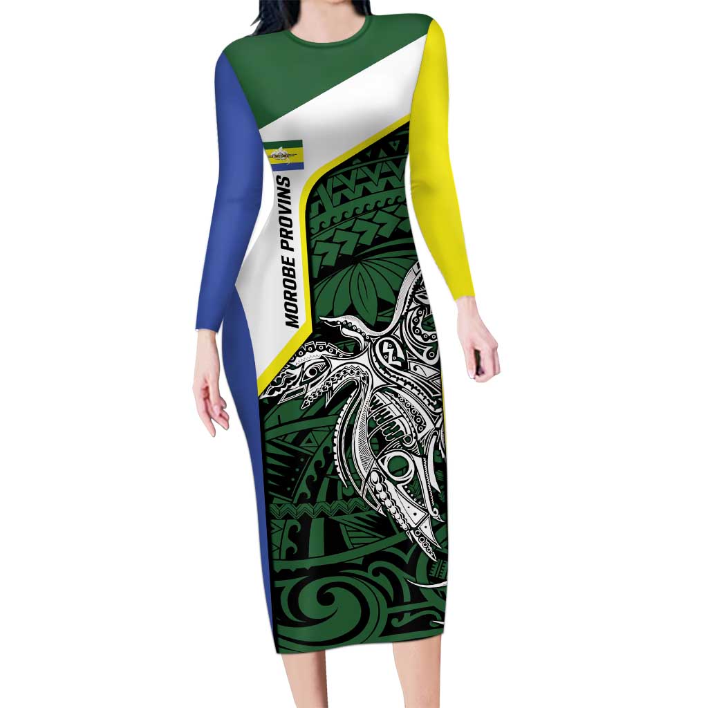 Personalised PNG Morobe Province Long Sleeve Bodycon Dress Bird of Paradise Tattoo Flag Motif - Polynesian Pride