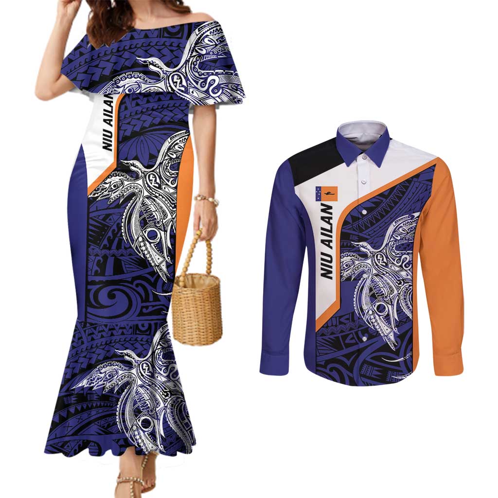 Personalised PNG New Ireland Couples Matching Mermaid Dress and Long Sleeve Button Shirt Bird of Paradise Tattoo Flag Motif - Polynesian Pride